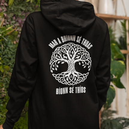 Celtic Tree of Life design on black hoodie. Gaelic "As Above So Below" symbolism and knotwork print.