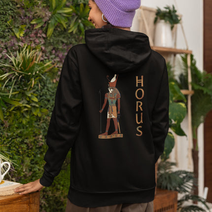 Black hoodie featuring Horus, the Egyptian falcon god, and the name "HORUS" graphic print.
