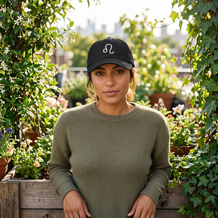 Black embroidered Leo zodiac sign dad hat for astrology lovers.