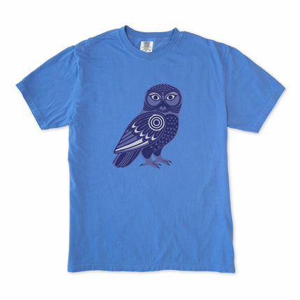 Geometric tribal owl graphic tee featuring Inuit-inspired bird art design.