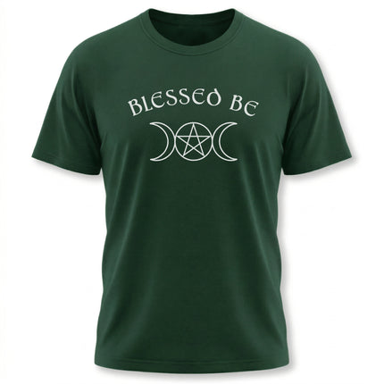 Blessed Be pagan tee featuring pentagram and triple moon symbols. Witchy goddess graphic t-shirt.