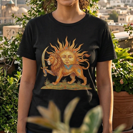 Persian Lion and Sun (Shir-o-Khorshid) graphic on a black t-shirt, symbolizing Iranian heritage.