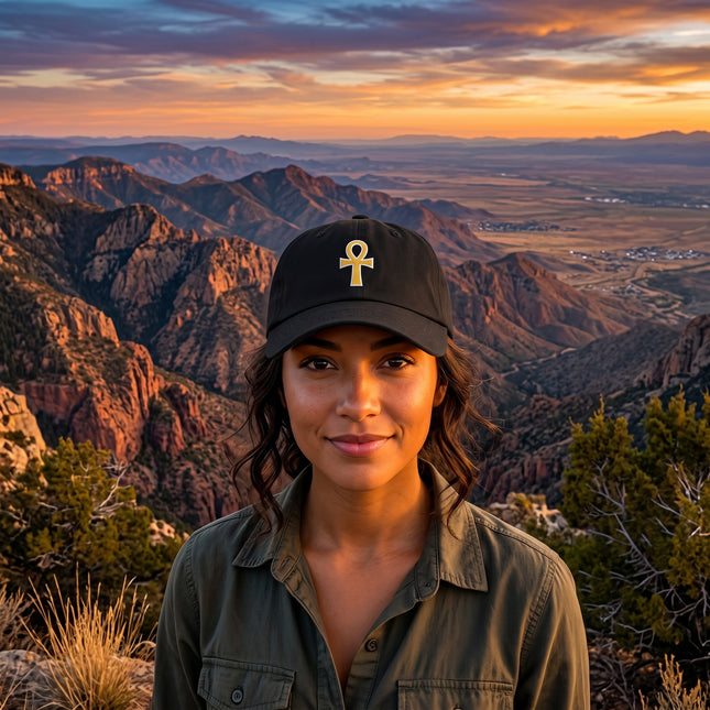 Black dad cap with gold embroidered Ankh, the Egyptian symbol of life.