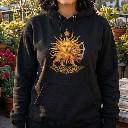Shir-o-Khorshid Lion and Sun symbol on a black pullover hoodie, representing Persian culture.