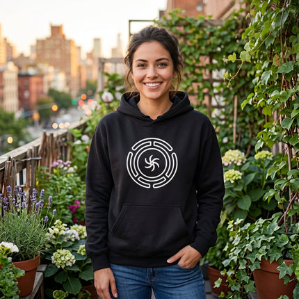 Black hoodie featuring the Hekate's Wheel Goddess symbol. Witchcraft mythology design.