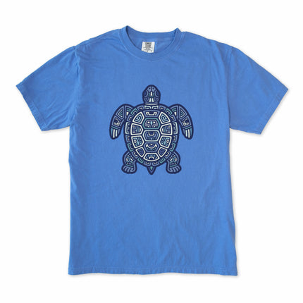 Mayan tribal green sea turtle graphic tee shirt with geometric patterns.