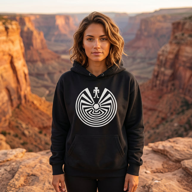 Black hoodie featuring the i'itoi Man in the Maze symbol. Native American cultural art graphic.