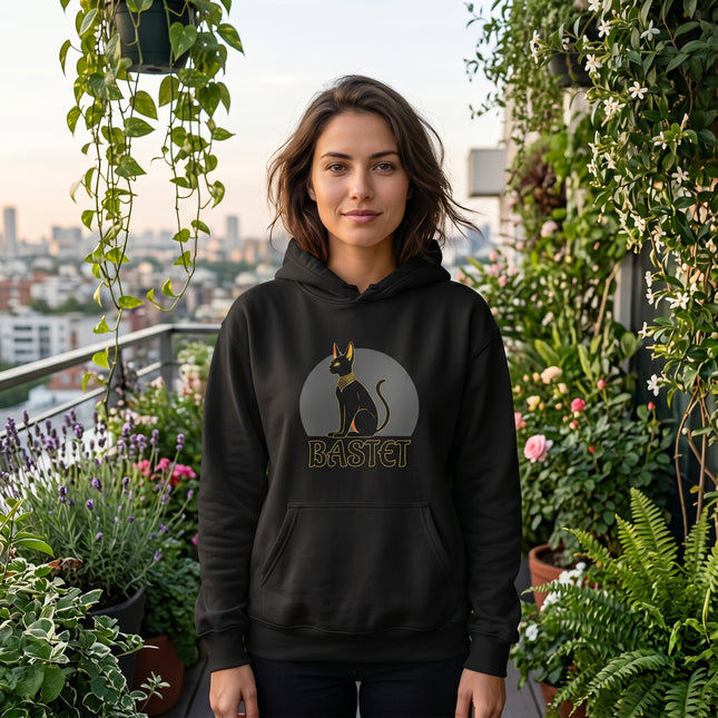 Bastet Egyptian cat goddess graphic on a black hoodie. Ancient mythology apparel.