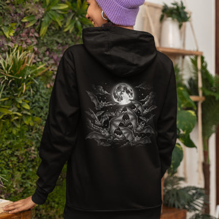 Black pullover hoodie with a gothic bat and full moon celestial print.