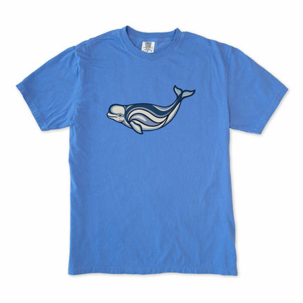 Inuit inspired beluga whale graphic tee shirt featuring indigenous marine art design.