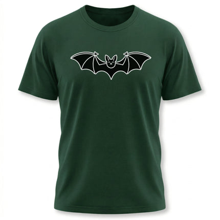 Minimalist bat outline graphic on a dark green unisex t-shirt.