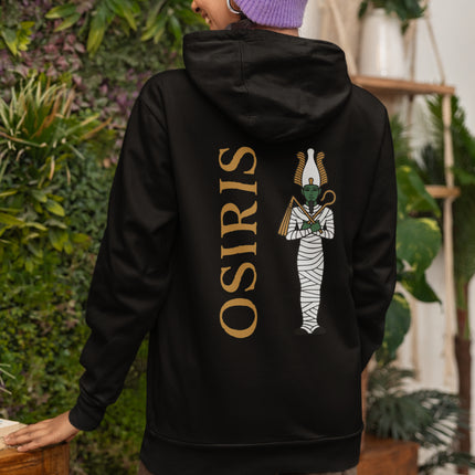 Osiris Egyptian god print on black mythology hoodie featuring the name and artwork.