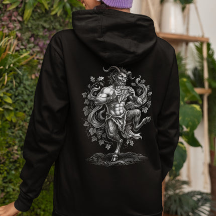Mythological satyr Pan playing a flute, surrounded by nature illustration.