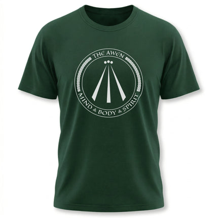 Dark green tee with Awen symbol graphic: Mind Body Spirit Celtic design.