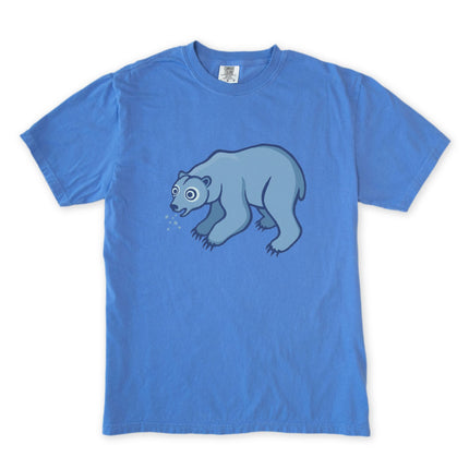 Goofy blue polar bear spitting snow graphic on a unisex arctic animal t-shirt.
