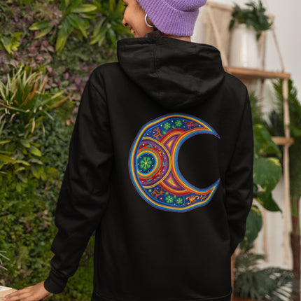 Vibrant mandala crescent moon print on black hoodie, inspired by Huichol art and cosmic symbolism.