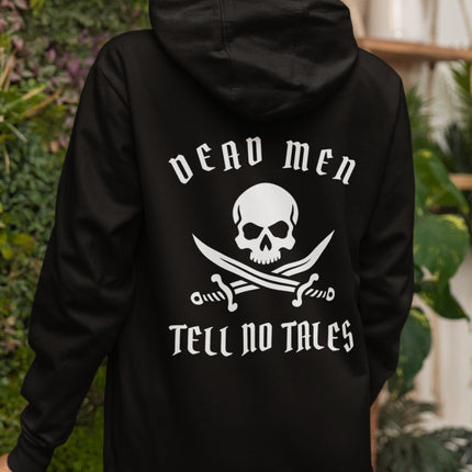 Dead Men Tell No Tales pirate skull and swords graphic on a black hoodie.