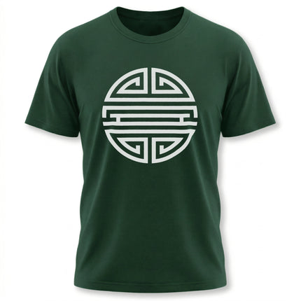 Longevity Shou symbol graphic tee in deep green, featuring Chinese culture design.