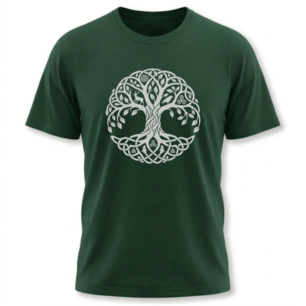 Dark green tee with white Celtic Tree of Life graphic, featuring intricate knotwork and Yggdrasil world tree design.