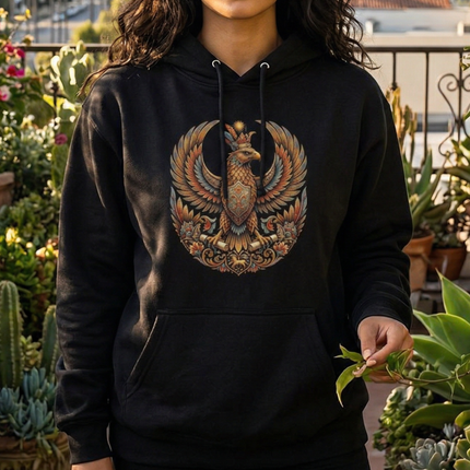Persian Mythology Shabaz eagle graphic on black pullover hoodie.