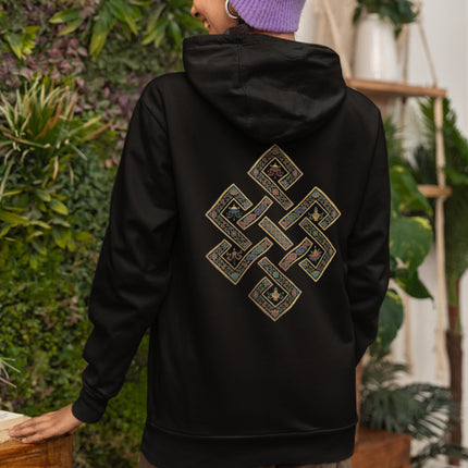 Black pullover hoodie with golden Endless Knot Buddhist symbol design.