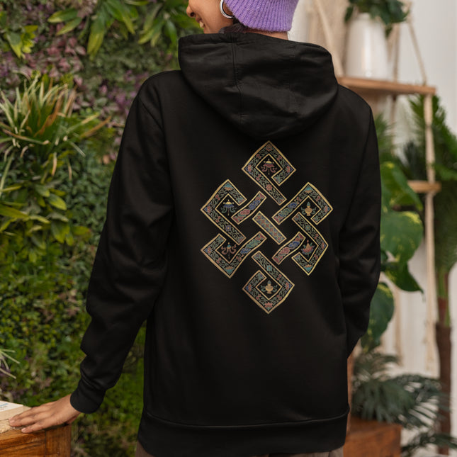 Black pullover hoodie with golden Endless Knot Buddhist symbol design.