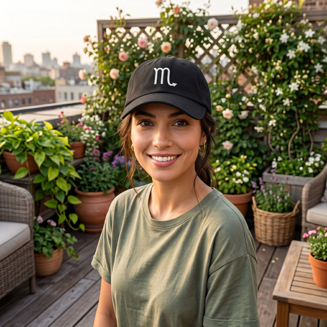 Embroidered Scorpio zodiac symbol black baseball cap for astrology lovers.