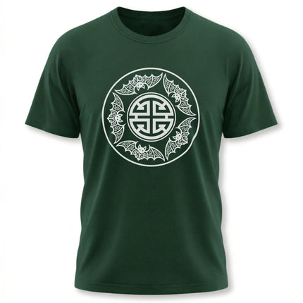Green t-shirt featuring Chinese Five Blessings and bat graphic, symbolizing good fortune and culture.
