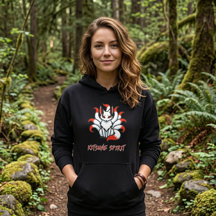 Black hoodie featuring a stylized Kitsune nine-tailed fox graphic and "Kitsune Spirit" text.