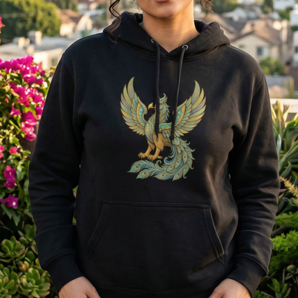 Black hoodie featuring a gold and teal Homa Bird graphic, symbolizing Persian mythology and culture.