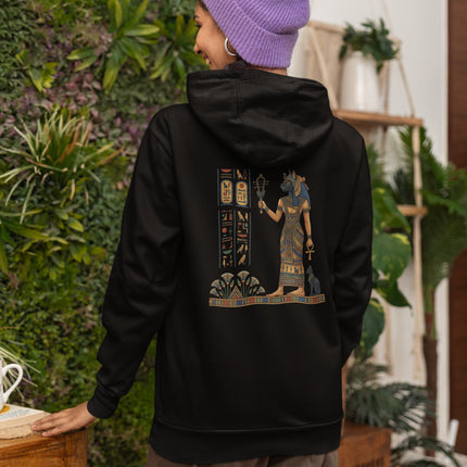 Bastet Egyptian goddess hoodie featuring hieroglyphs and Ankh symbol print.
