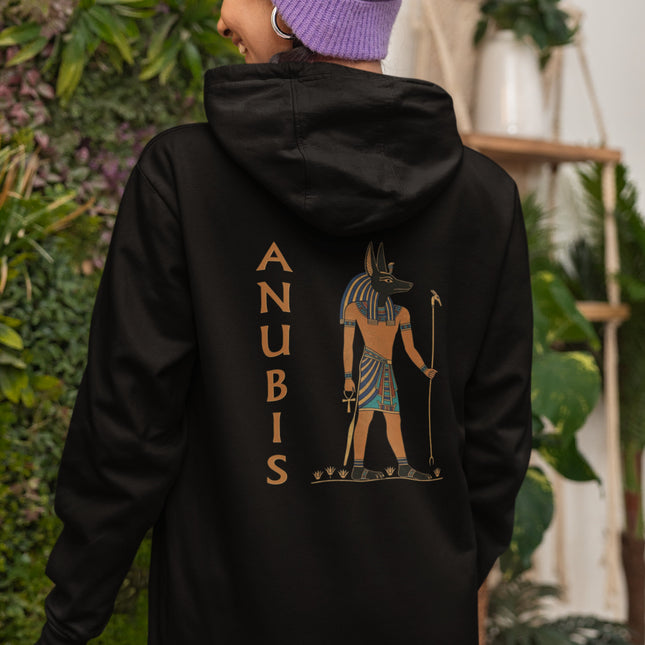 Anubis Egyptian god graphic printed on black hoodie. Mythology streetwear design.
