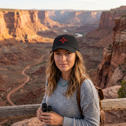 Black Zia Sun embroidered baseball cap featuring the Southwestern cultural symbol.