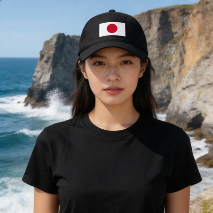 Black baseball cap featuring the red Hinomaru Japanese flag symbol. Minimalist streetwear design.