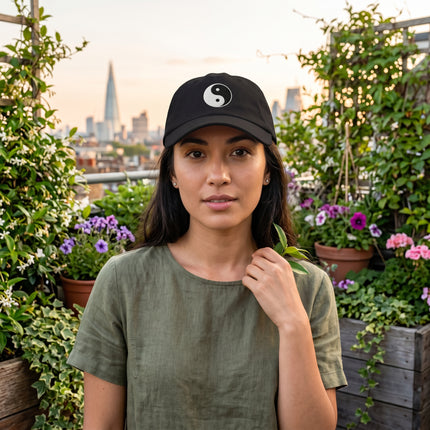 Black embroidered Yin Yang symbol dad hat. Unisex baseball cap featuring the harmony symbol.