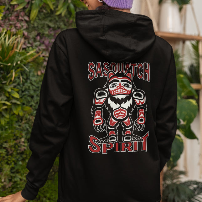 Sasquatch Spirit Native Art graphic on a black pullover hoodie. Formline style Bigfoot print.
