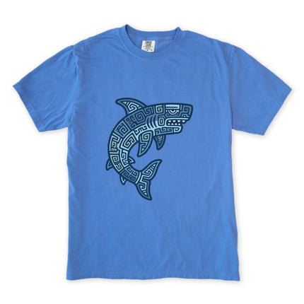 Mayan Tribal Shark T-Shirt | Blue Geometric Design Ocean Tee | Comfort Colors
