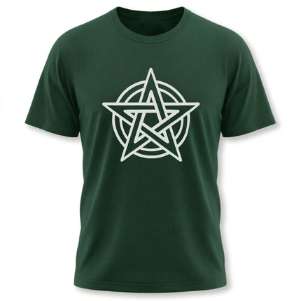 White pentagram pentacle symbol graphic on a dark green t-shirt.