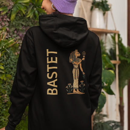Black hoodie featuring Bastet, the Egyptian cat goddess, illustration, and the name BASTET.