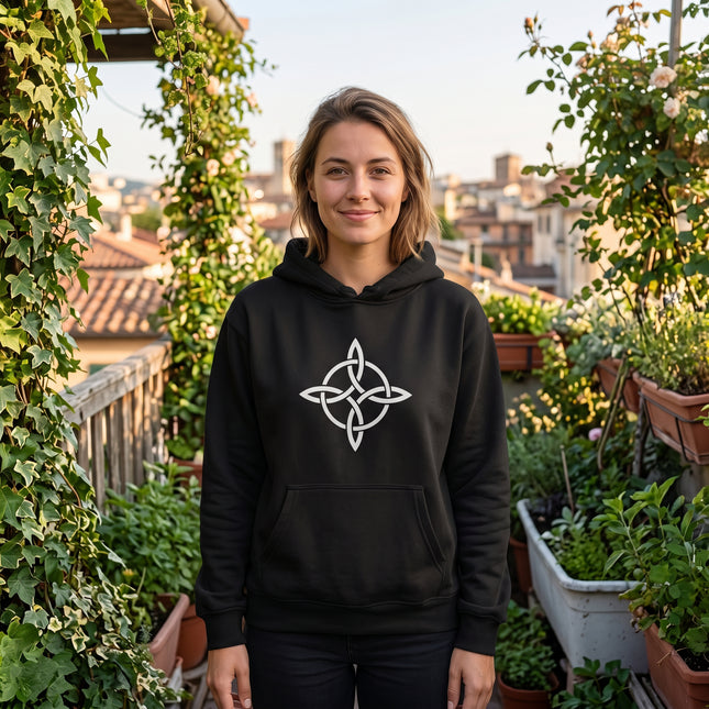 Black hoodie featuring a white Celtic knot symbol. Pagan or witchy graphic print.