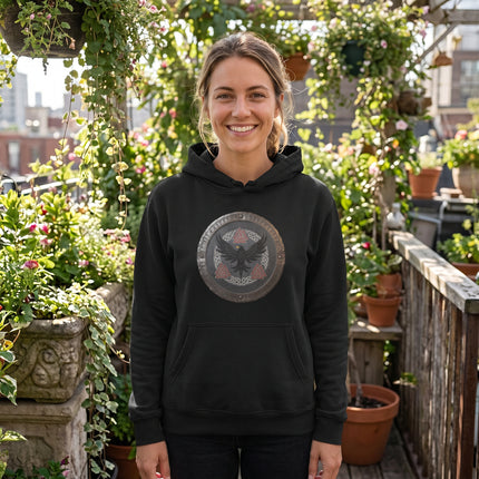 Norse Raven Shield Hoodie - Viking Mythology & Runic Symbols