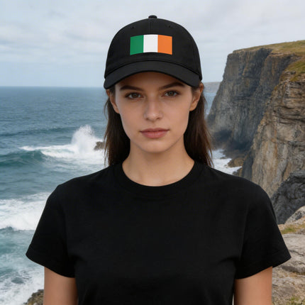 Black baseball cap featuring the Irish tricolor flag design.