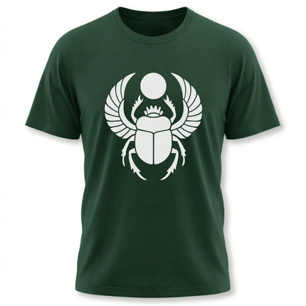 Ancient Egyptian Khepri scarab beetle graphic on a dark green t-shirt.