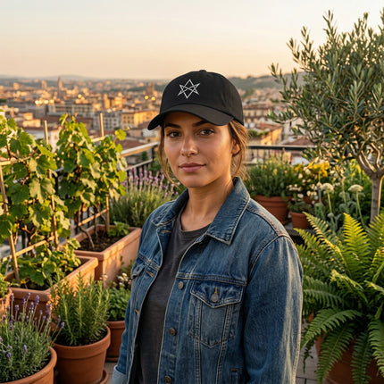 Black embroidered cap featuring the Unicursal Hexagram symbol.