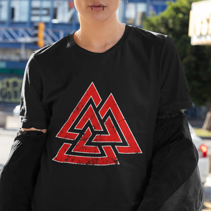 Red Valknut Viking symbol graphic tee shirt featuring Norse mythology design.