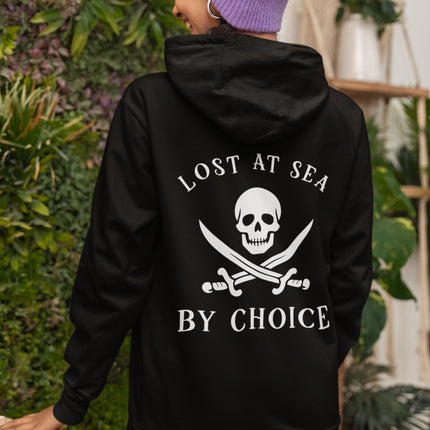 Lost At Sea skull and crossbones graphic on black pullover hoodie.