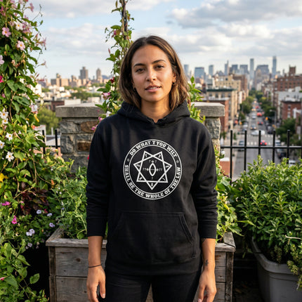 Black occult hoodie with Star of Babalon symbol and "Do What Thou Wilt" text graphic.