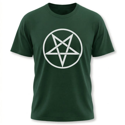 Inverted pentagram graphic on a dark green unisex t-shirt.