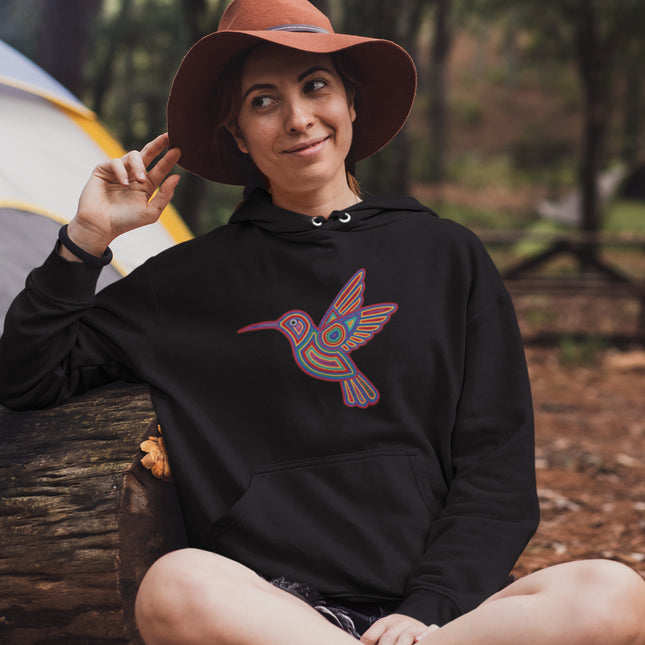 Huichol Hummingbird Art Hoodie | Colorful Indigenous Bird Symbol Pullover Hoodie