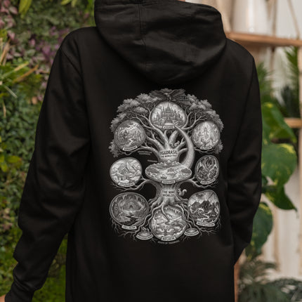 Detailed Norse mythology illustration of Yggdrasil and the Nine Worlds on a black hoodie.